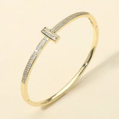 Fashnzfab Gold Plated Cz Stone Paved T-bar Hinged Bangle Bracelet