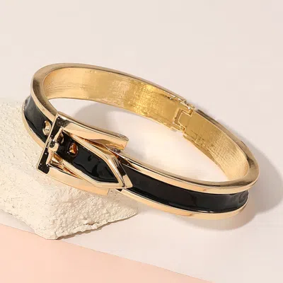 Fashnzfab Gold Plated Enamel Belt Hinged Bangle Bracelet Black, Gold