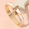 Fashnzfab Gold Plated Enamel Belt Hinged Bangle Bracelet Gold, White In Multi