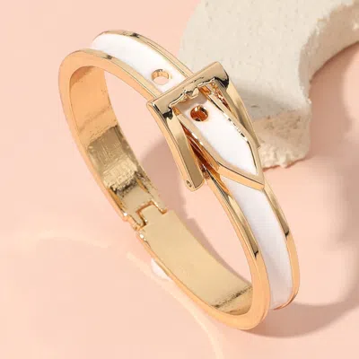 Fashnzfab Gold Plated Enamel Belt Hinged Bangle Bracelet Gold, White In Multi