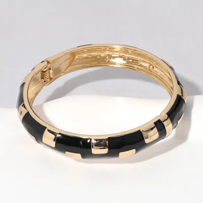Fashnzfab Gold Plated Geographic Patterned Enamel Hinged Bangle Bracelet Black