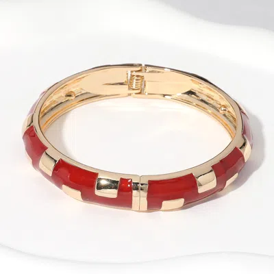 Fashnzfab Gold Plated Geographic Patterned Enamel Hinged Bangle Bracelet Brown