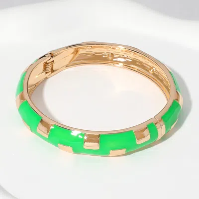 Fashnzfab Gold Plated Geographic Patterned Enamel Hinged Bangle Bracelet Green
