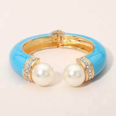 Fashnzfab Gold Plated Pearl Tip Enamel Hinged Cuff Bracelet In Multi