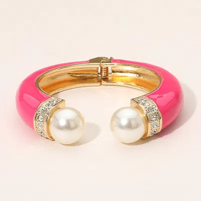 Fashnzfab Gold Plated Pearl Tip Enamel Hinged Cuff Bracelet In Pink