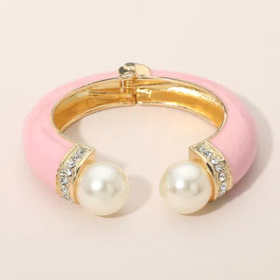 Fashnzfab Gold Plated Pearl Tip Enamel Hinged Cuff Bracelet In Silver