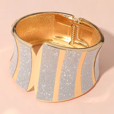 Fashnzfab Gold Plated Sparkle Abstract Wide Hinged Bangle Bracelet Gold
