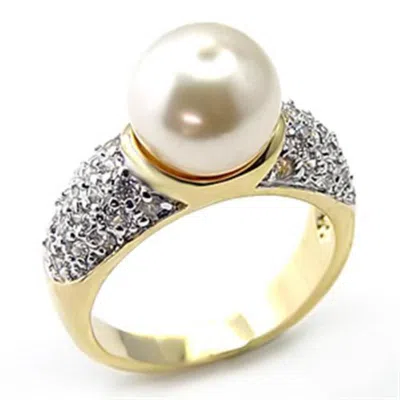 Fashnzfab Gold+rhodium 925 Sterling Silver Ring With Synthetic Pearl In White
