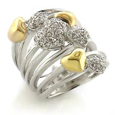 Fashnzfab Gold+rhodium Brass Ring With Aaa Grade Cz In Clear In Silver