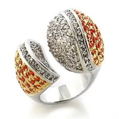 Fashnzfab Gold+rhodium Brass Ring With Aaa Grade Cz In Orange In Metallic