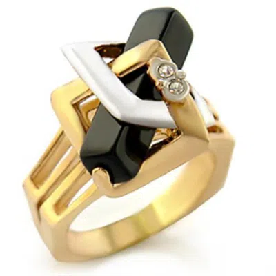 Fashnzfab Gold+rhodium Brass Ring With Semi-precious Onyx In Jet In Pattern