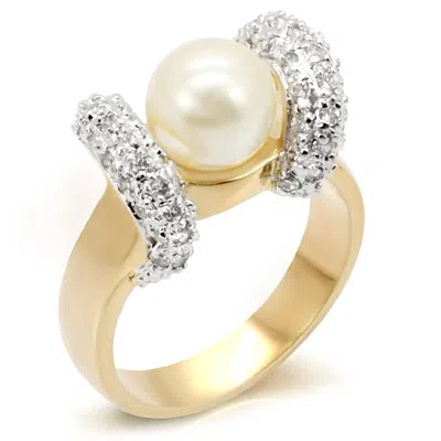 Fashnzfab Gold+rhodium Brass Ring With Synthetic Pearl In White In Metallic