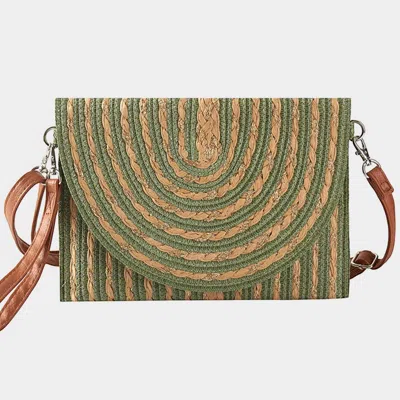 Fashnzfab Gold Threads Mixed Straw Clutch Bag / Crossbody Bag In Green
