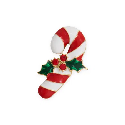 Fashnzfab Gold Tone Candy Cane With Holly Fashion Pin In Orange