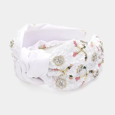 Fashnzfab Golf Rhinestone Beaded Sequin Knot Headband In White