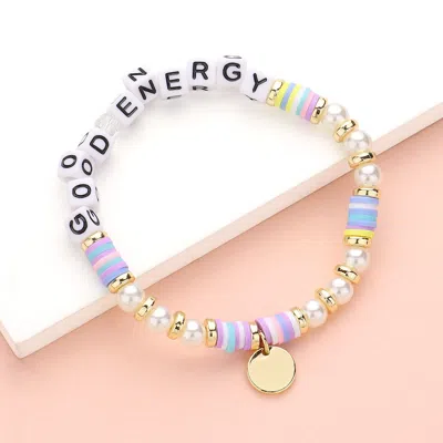 FASHNZFAB GOOD ENERGY MESSAGE PEARL HEISHI BEADED METAL DISC PLATE CHARM STRETCH BRACELET GOLD, MULTI