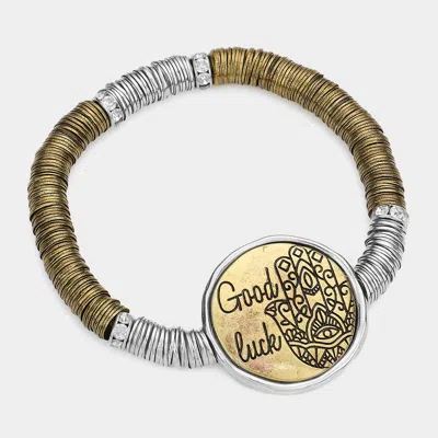 Fashnzfab Good Luck Evil Eye Hamsa Hand Flat Metal Bead Cluster Stretch Bracelet Gold Burnished, Rhodium In Multi