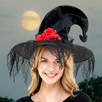 Fashnzfab Gothic Floral Lace Trim Curved Peak Halloween Witch Hat In Black