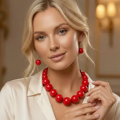 Fashnzfab Graduated Pearl Beaded Statement Necklace In Red