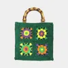 Fashnzfab Granny Square Flower Pattern Crochet Bamboo Handle Crossbody Bag In Green
