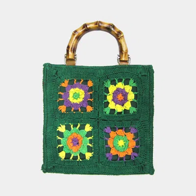 Fashnzfab Granny Square Flower Pattern Crochet Bamboo Handle Crossbody Bag In Green