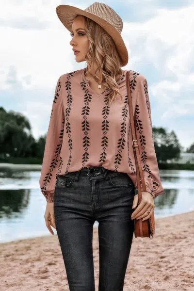 Fashnzfab Graphic Print Strip Loose Fit V Neck Blouse