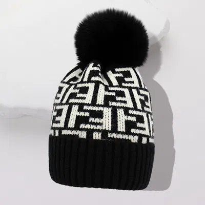 Fashnzfab Greek Geometric Patterned Pom Pom Beanie Hat In Black