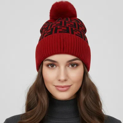 Fashnzfab Greek Geometric Patterned Pom Pom Beanie Hat In Red
