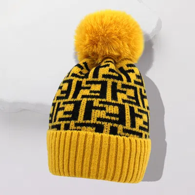 Fashnzfab Greek Geometric Patterned Pom Pom Beanie Hat In Yellow
