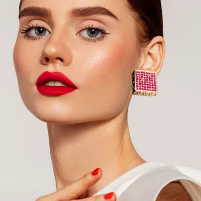 Fashnzfab Greek Pattern Detailed Rhinestone Embellished Square Earrings - Fuchsia, Gold