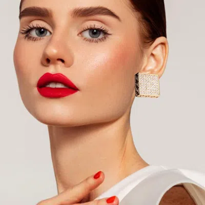 Fashnzfab Greek Pattern Detailed Rhinestone Embellished Square Earrings - Gold