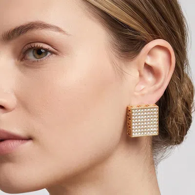 Fashnzfab Greek Pattern Detailed Rhinestone Embellished Square Earrings 1.2" X 1.2" In Gold