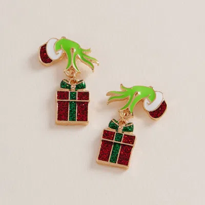 Fashnzfab Green Monster Hand Glittered Holiday Gift Box Dangle Earrings In Multi