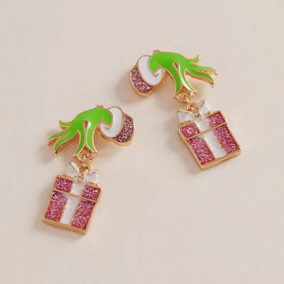 Fashnzfab Green Monster Hand Glittered Holiday Gift Box Dangle Earrings In Pink