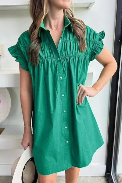 Fashnzfab Green Shirred Ruffle Sleeve Button Up Short Dress