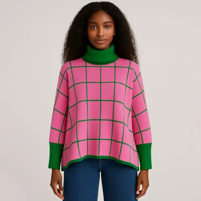 Fashnzfab Grid Pattern Knit Turtleneck Poncho In Pink