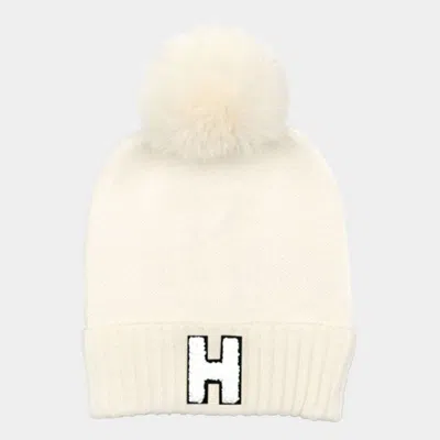 Fashnzfab -h- Initial Monogram Faux Fur Pom Pom Knit Beanie Hat In Beige