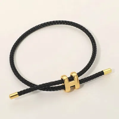 Fashnzfab H Monogram Charm Accent Braided Cord Adjustable Slide Bracelet In Black