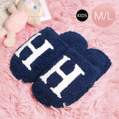 Fashnzfab H Print Soft Home Indoor Floor Kids Slippers Navy S/m In Blue