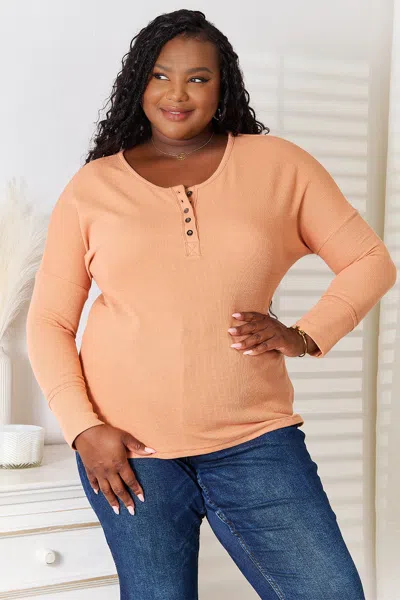 Fashnzfab Half Button Long Sleeve Top In Brown