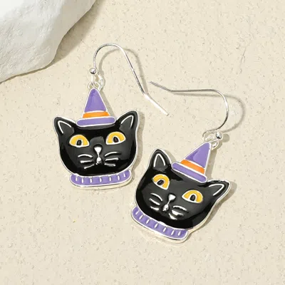 Fashnzfab Halloween Black Cat Dangle Earrings In Silver