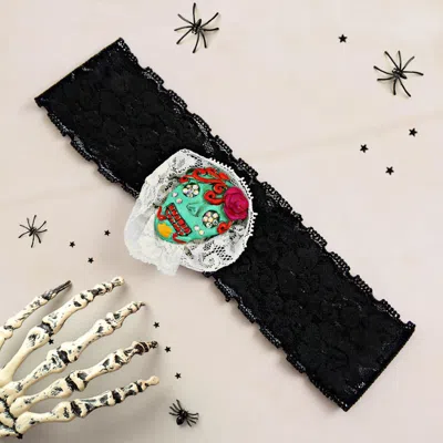 Fashnzfab Halloween Floral Lace Sugar Skull Headband In Black