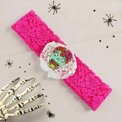 Fashnzfab Halloween Floral Lace Sugar Skull Headband In Pink