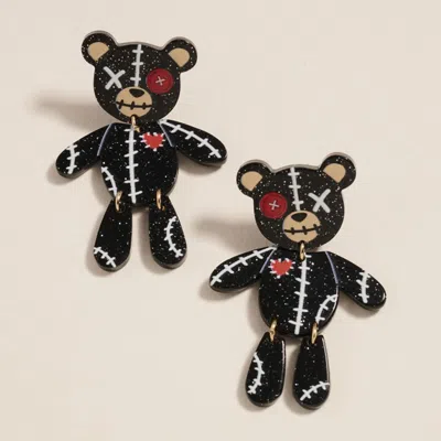 Fashnzfab Halloween Stitched Teddy Bear Earrings In Black