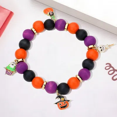 Fashnzfab Halloween Theme Charms Wood Beaded Stretch Bracelet Gold, Multi In Red