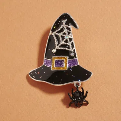 Fashnzfab Halloween Witch Hat Spider Dangle Pin Brooch In Black