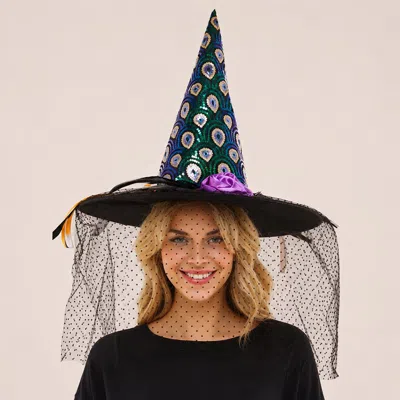Fashnzfab Halloween Witch Hat With Veil In Black