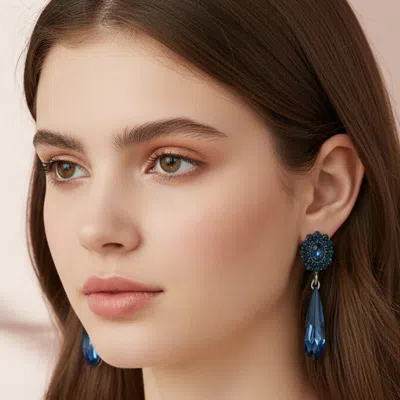 Fashnzfab Halo Crystal Long Teardrop Dangle Evening Earrings In Blue