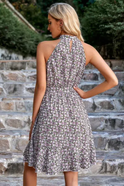 Fashnzfab Halter Neck Sleeveless Floral Print Ruffle Dress