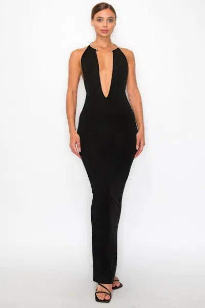 Fashnzfab Halter Necklace Trim Long Dress In Black